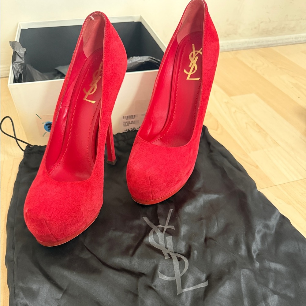Yves Saint Laurent Red Suede Tribtoo Platform Pumps (Size 39.5 / 9.5 US)